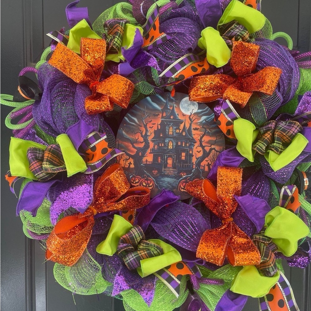 Halloween haunted house Wreath with Orange and Purple Bows